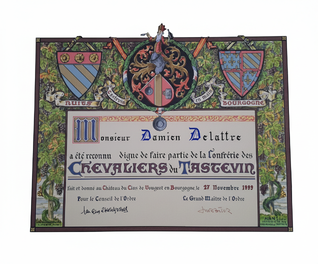 Diplome Damien Delattre confrérie des Chevaliers du Tastevin